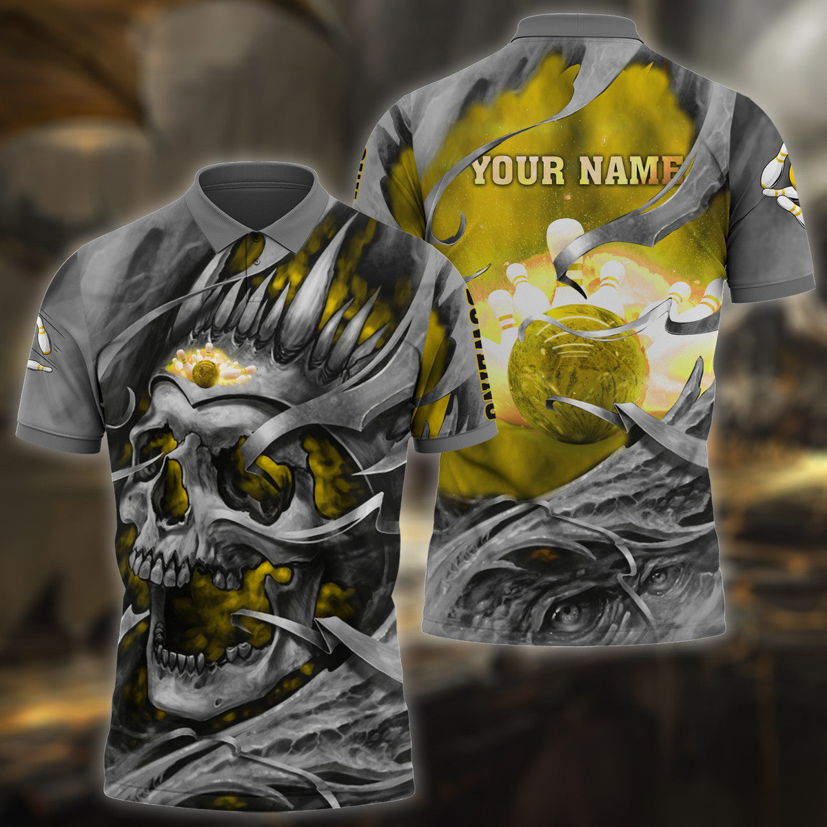 Personalized Name Bowling Skull Yellow Version All Over Printed Unisex Shirt