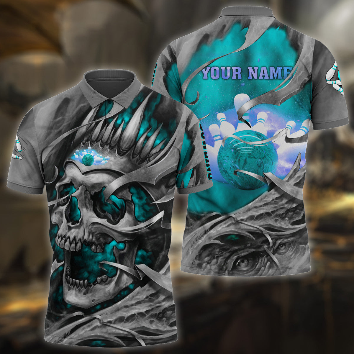 Personalized Name Bowling Skull Teal Version All Over Printed Unisex Shirt