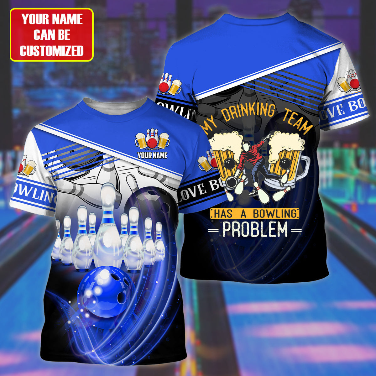 Personalized Name Blue Bowling Beer All Over Printed Unisex Shirt Q200908