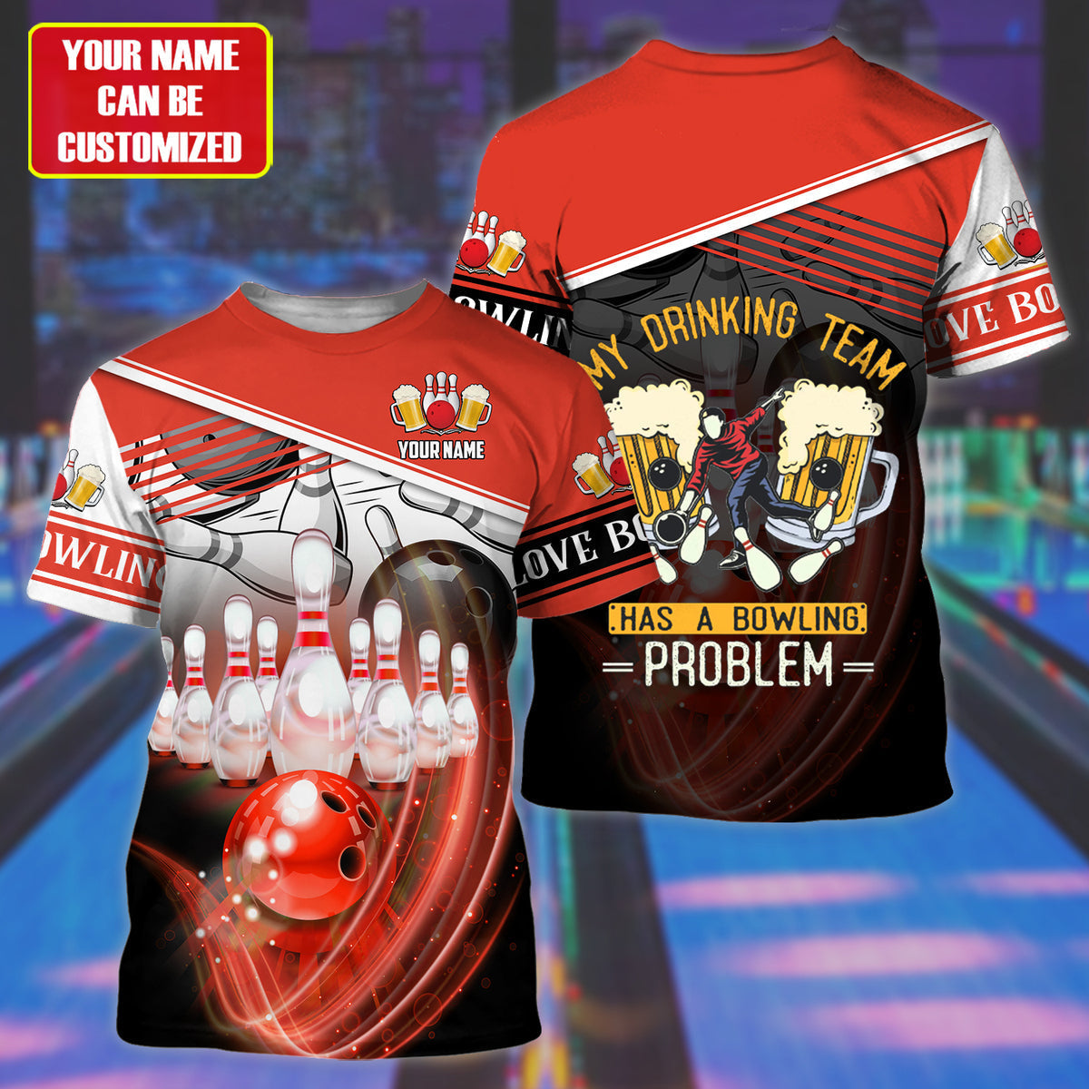Personalized Name Red Bowling Drinking All Over Printed Unisex Shirt
