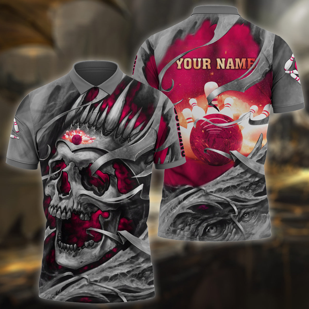 Personalized Name Bowling Skull Pink Version All Over Printed Unisex Shirt