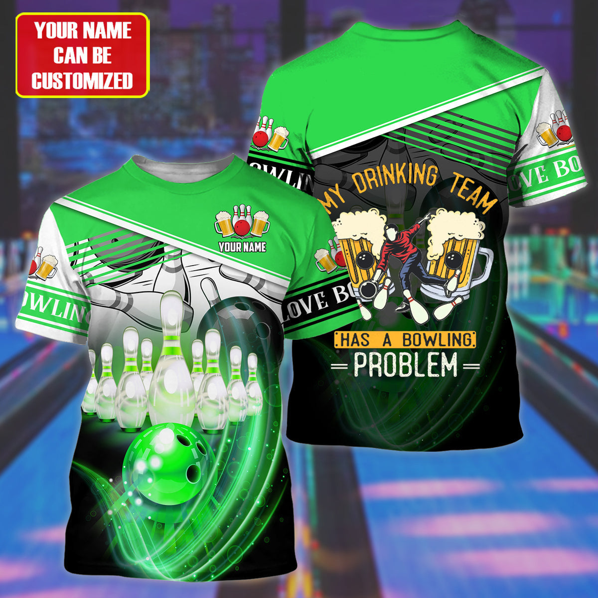 Personalized Name Green Bowling Drinking All Over Printed Unisex Shirt