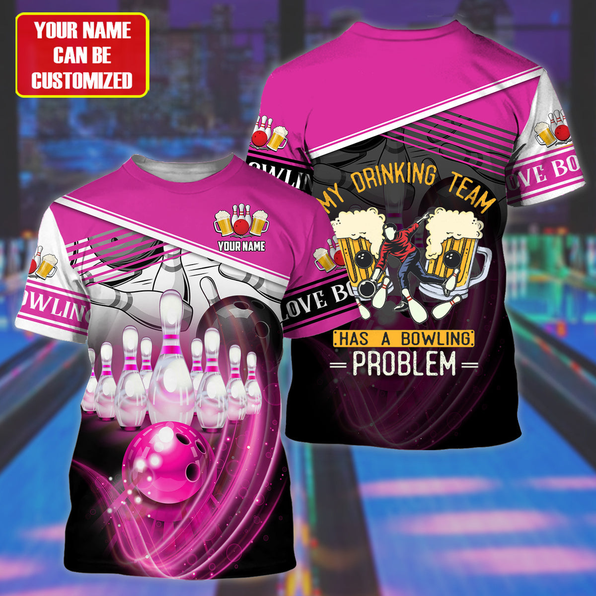 Personalized Name Pink Bowling Beer All Over Printed Unisex Shirt Q200908