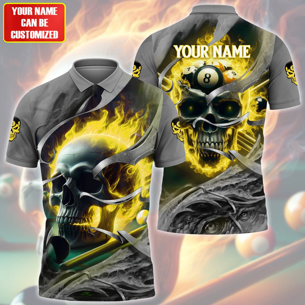 Personalized Name Skull Billiards Yellow Version All Over Printed Unisex Shirt QB030403